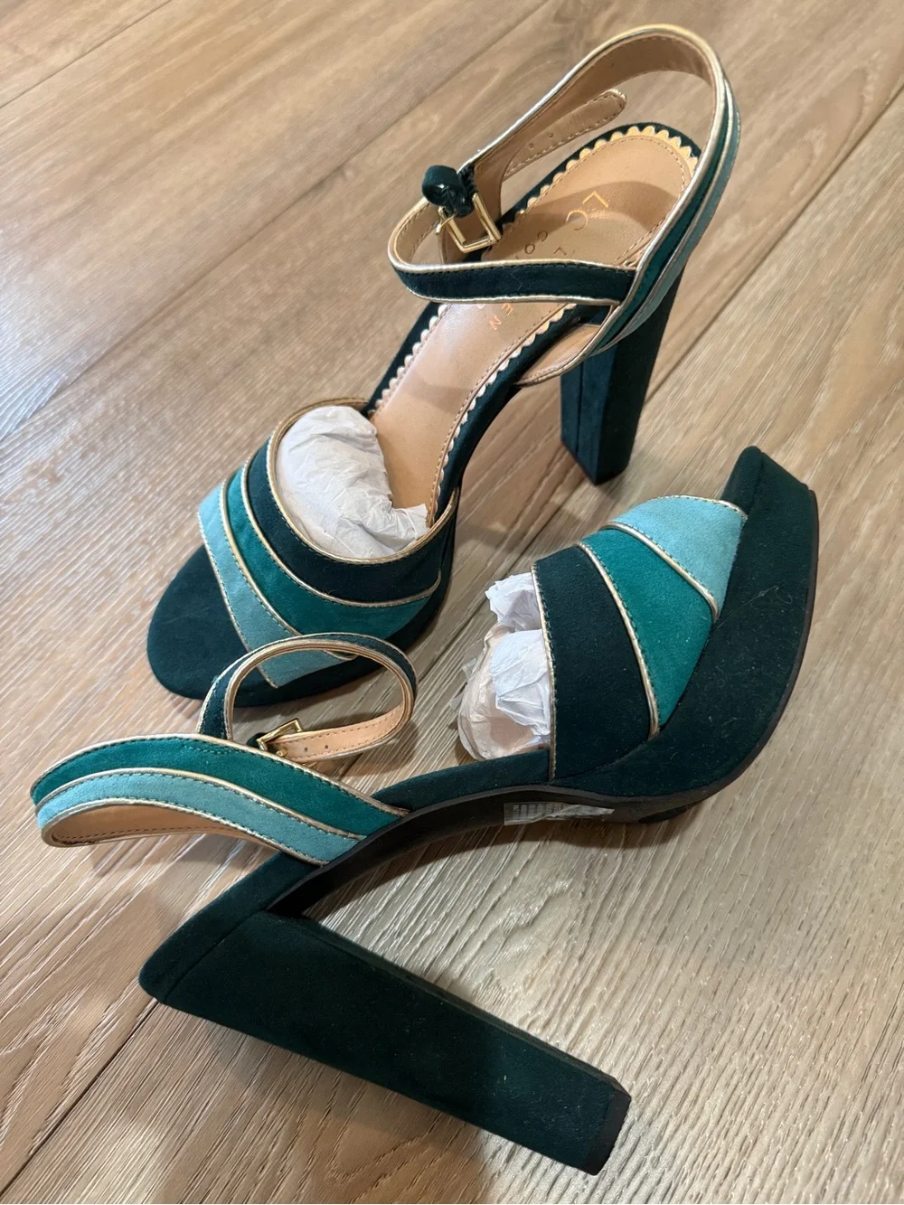 Teal & Black Strappy High Block Heel Sandals with Gold Trim